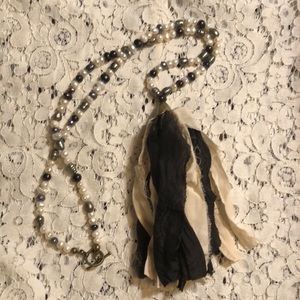 Black and Cream Silk Tassel and Pearl Necklace